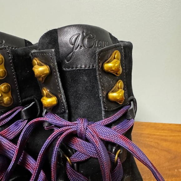 J. Crew Suede Leather Black Lace Up Boots Purple Laces - Picture 6 of 11